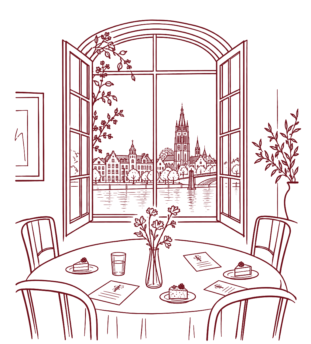 Line drawing of a round table set with cake, flowers and menus in front of an open window overlooking Venlo and the river Maas